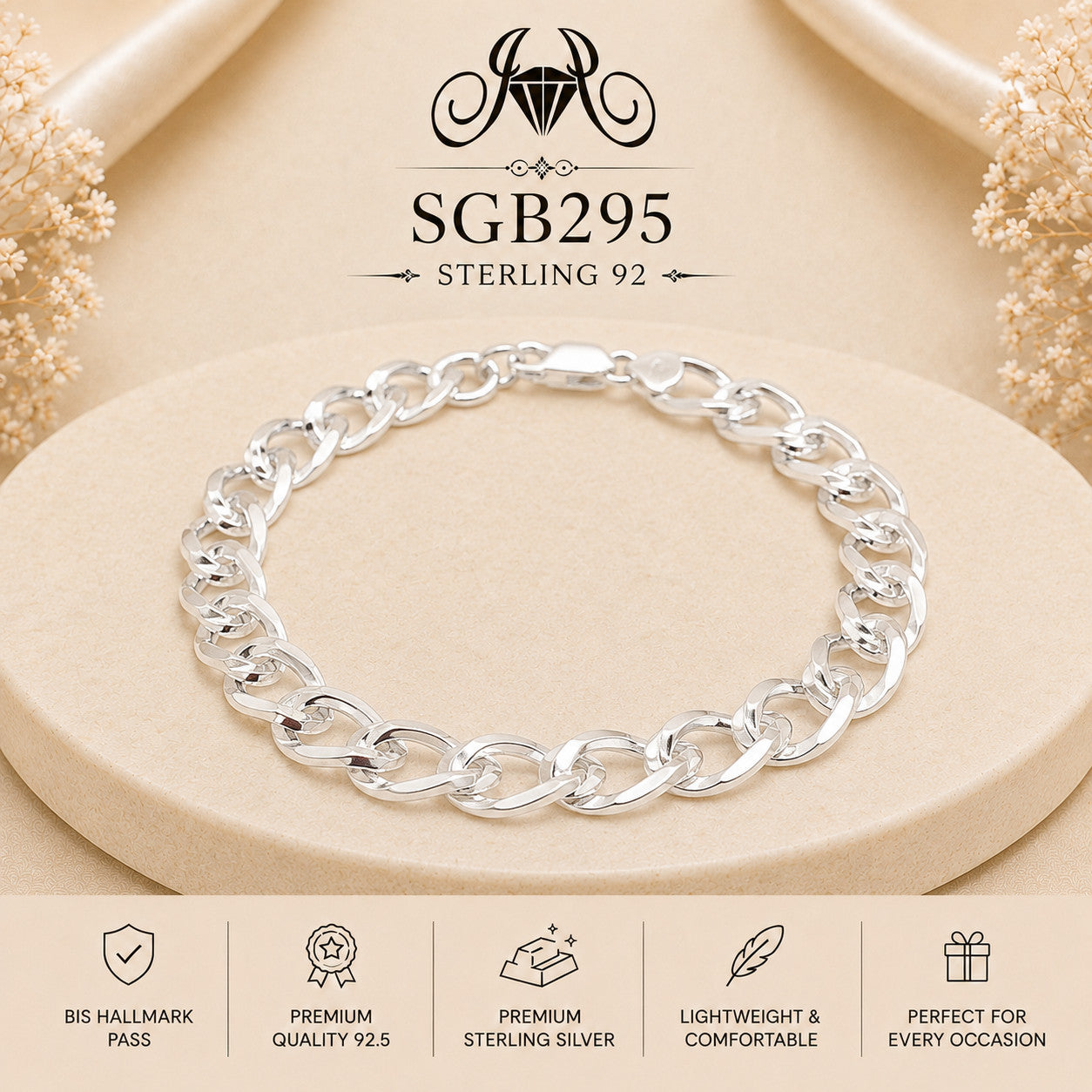 Polished Silver Oval Curb-Link Men's Bracelet - portrait view