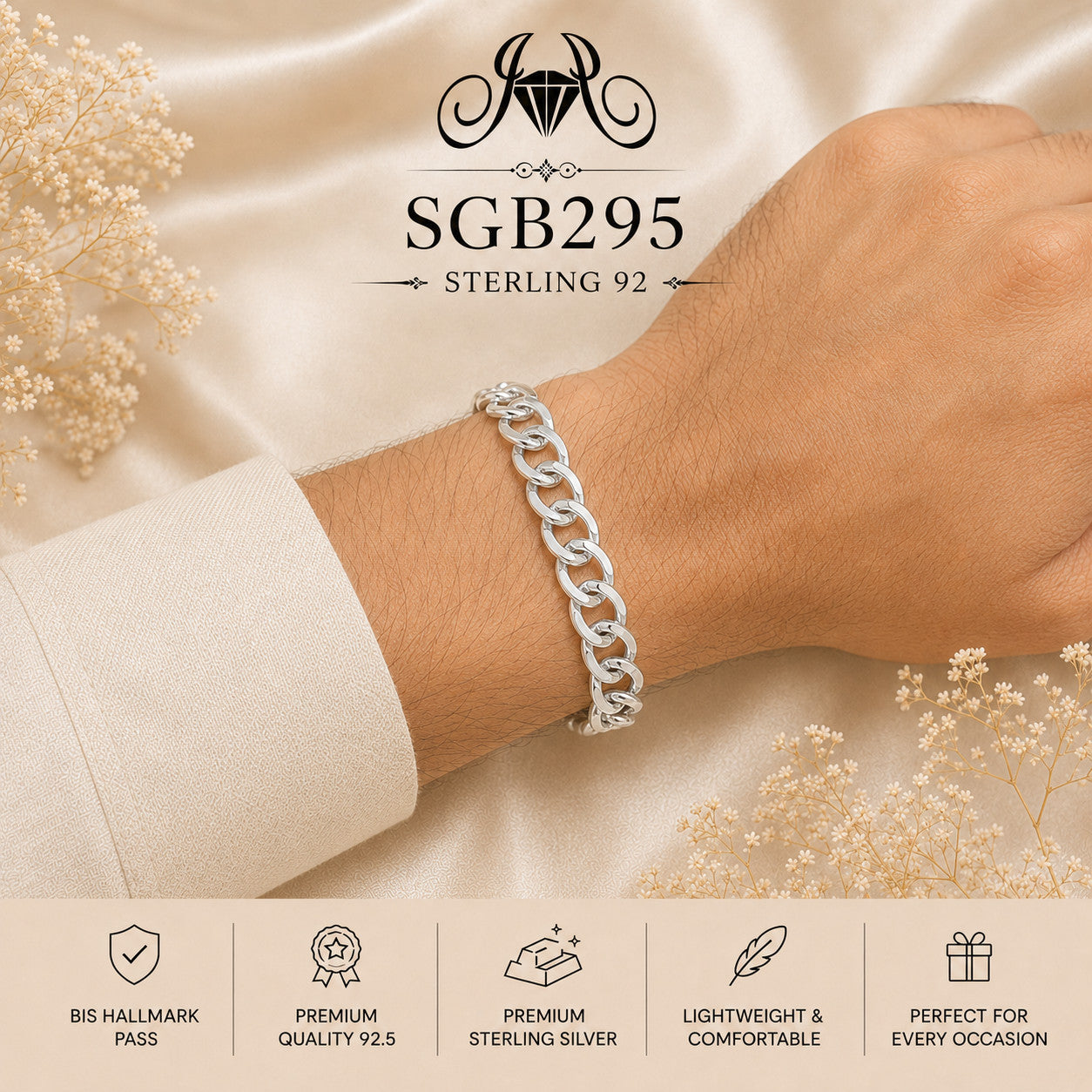 Polished Silver Oval Curb-Link Men's Bracelet - wrist view