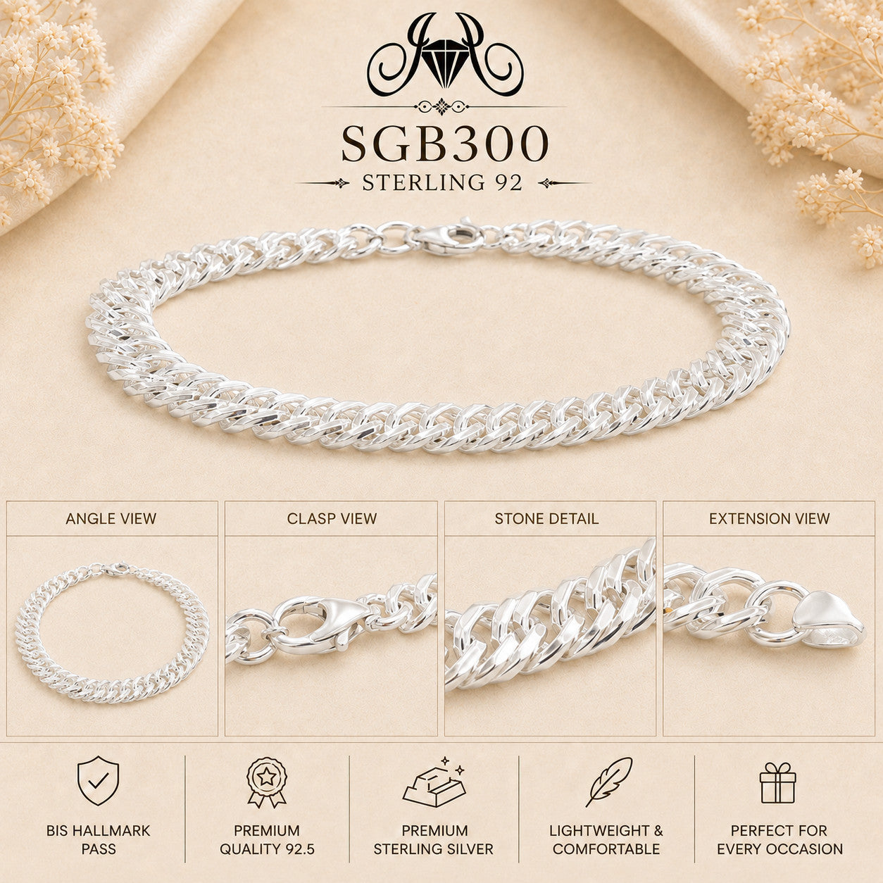 Diamond-Cut Curb-Link Sterling Silver Men's Bracelet - detail collage