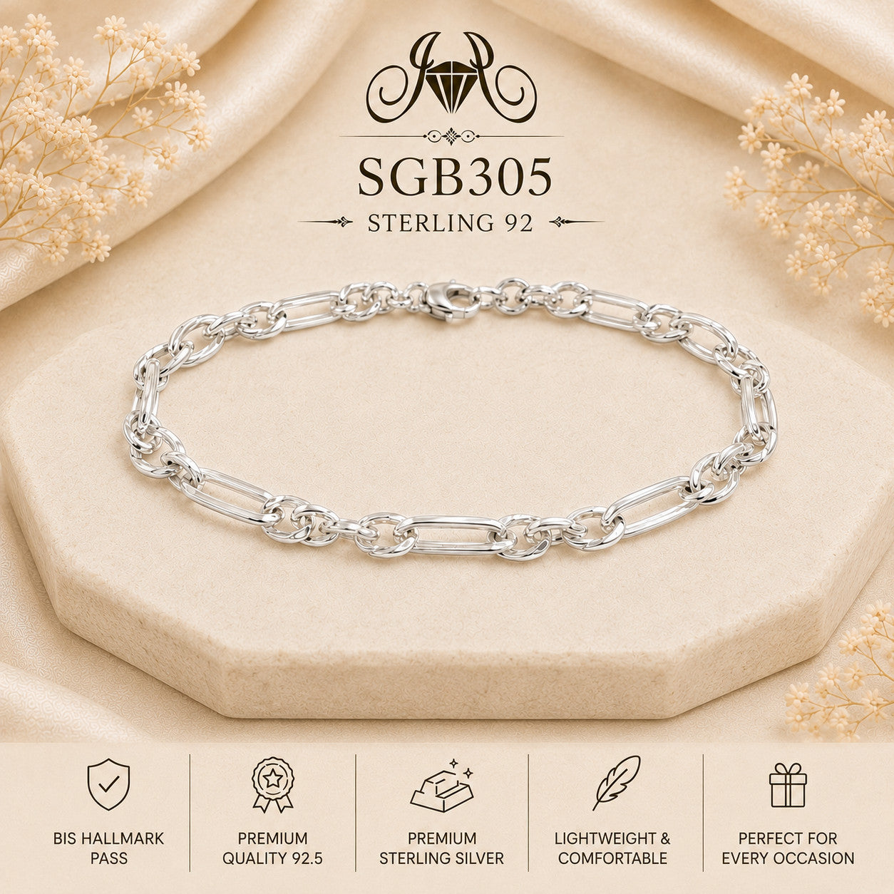 Figaro-Link Sterling Silver Men's Bracelet - portrait view