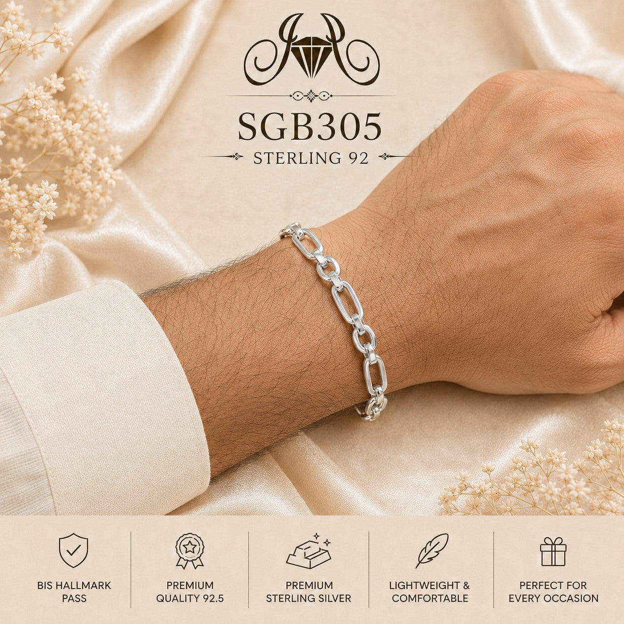 Figaro-Link Sterling Silver Men's Bracelet - wrist view