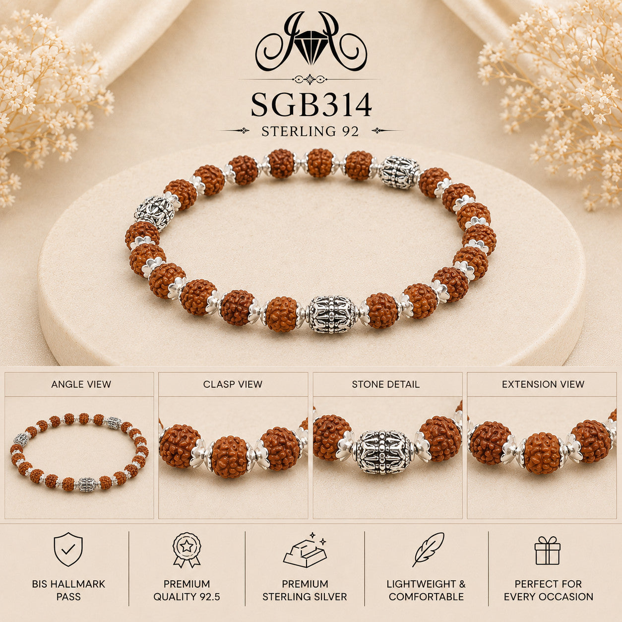 Rudraksha Trinity-Bead Oxidized Silver Men's Bracelet - detail collage
