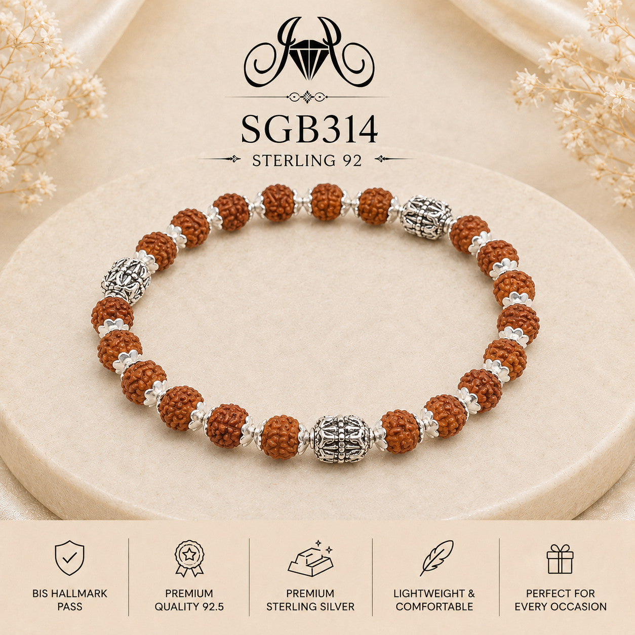 Rudraksha Trinity-Bead Oxidized Silver Men's Bracelet - portrait view