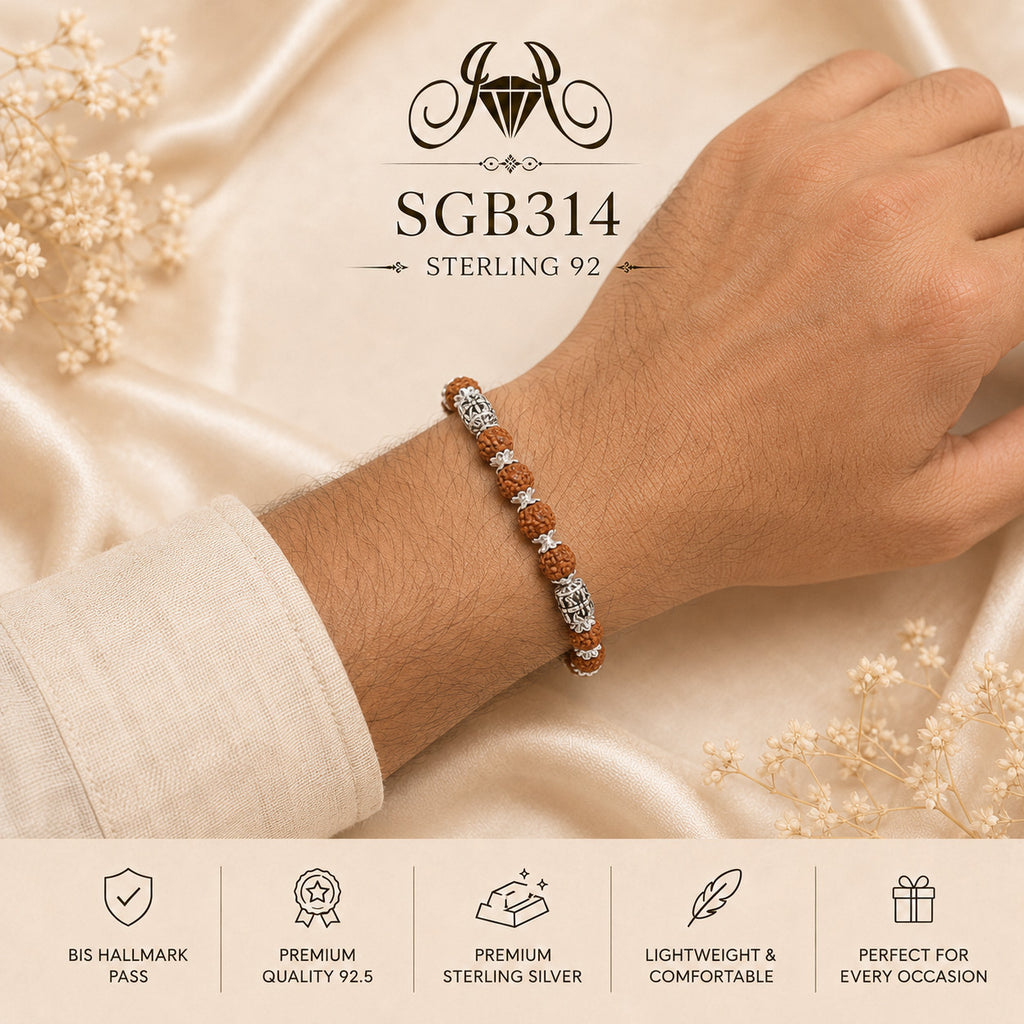 Rudraksha Trinity-Bead Oxidized Silver Men's Bracelet - wrist view