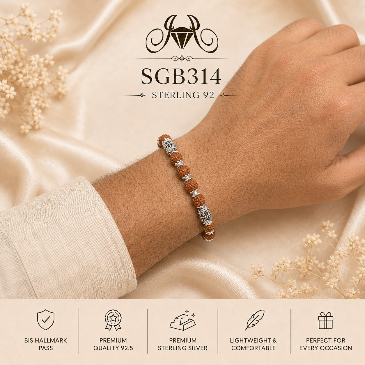 Rudraksha Trinity-Bead Oxidized Silver Men's Bracelet - wrist view