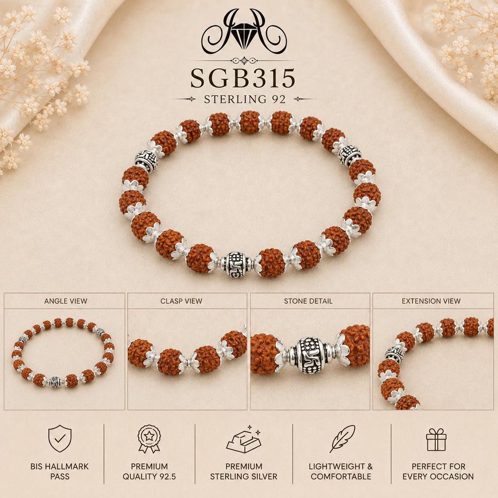 Rudraksha Floral-Bead Oxidized Silver Men's Bracelet - detail collage