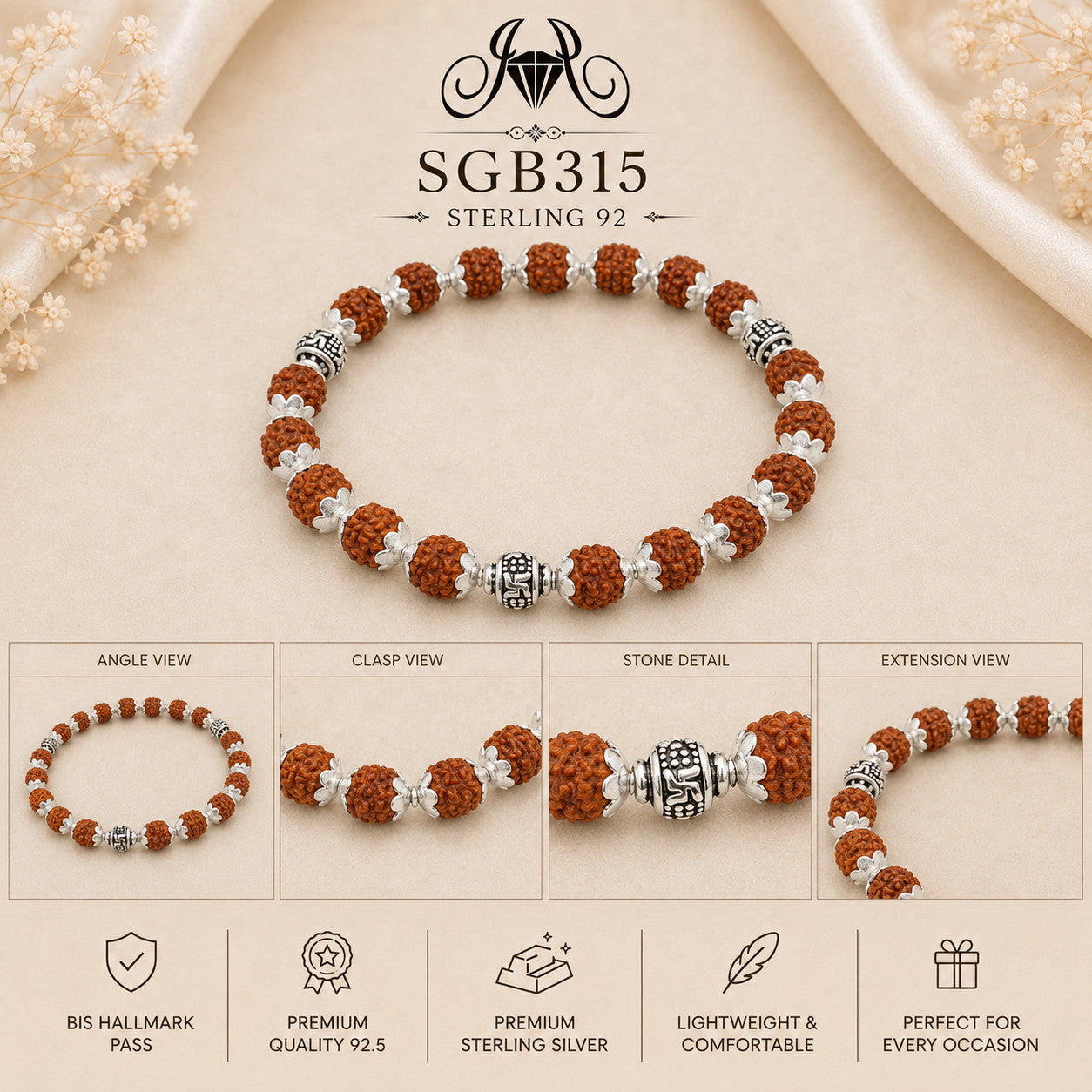 Rudraksha Floral-Bead Oxidized Silver Men's Bracelet - detail collage