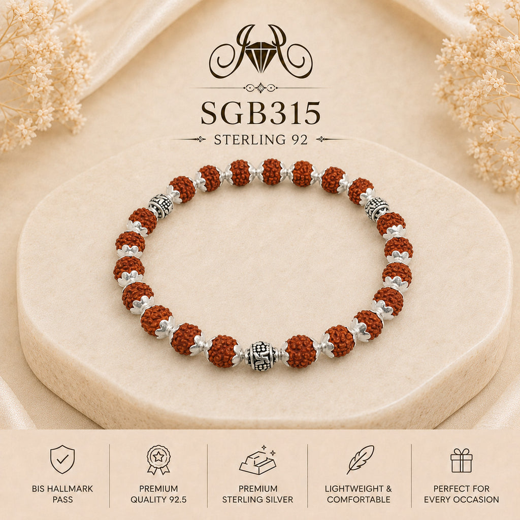 Rudraksha Floral-Bead Oxidized Silver Men's Bracelet - portrait view
