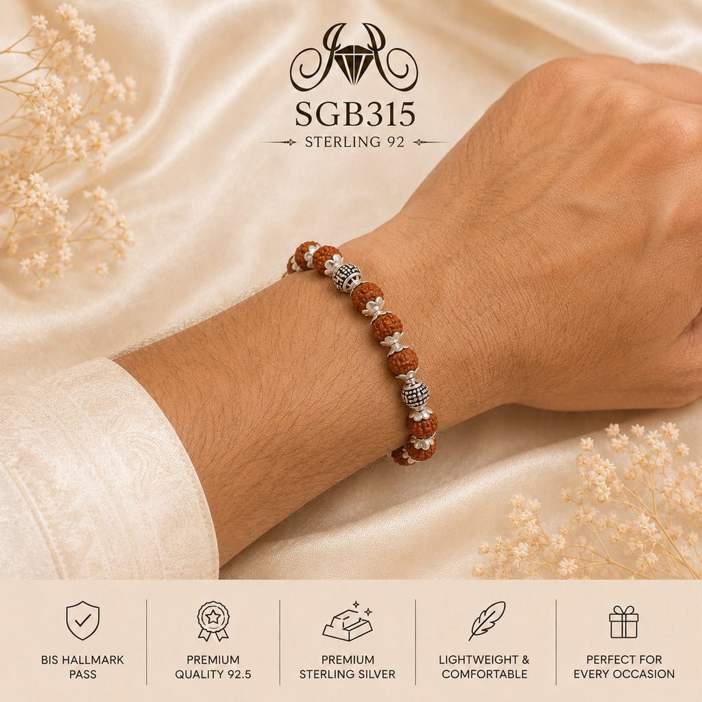 Rudraksha Floral-Bead Oxidized Silver Men's Bracelet - wrist view