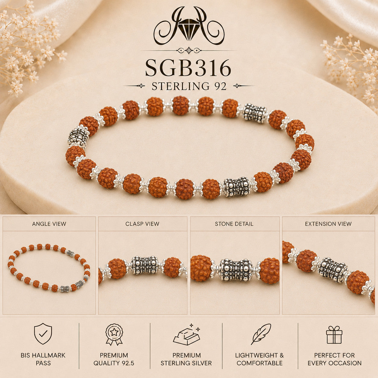 Rudraksha Lotus-Bead Oxidized Silver Men's Bracelet - detail collage