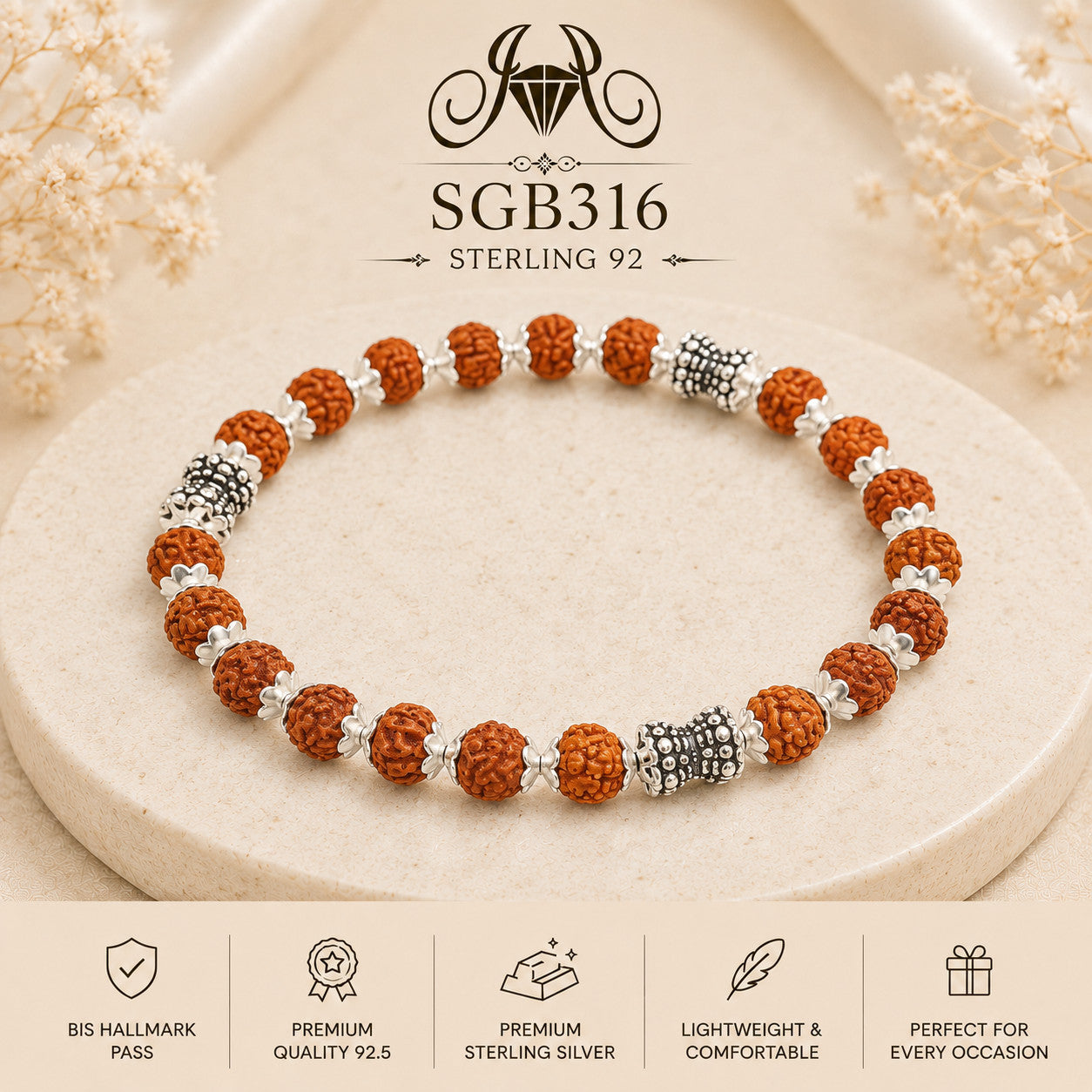 Rudraksha Lotus-Bead Oxidized Silver Men's Bracelet - portrait view
