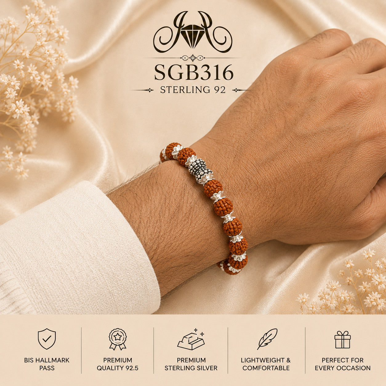 Rudraksha Lotus-Bead Oxidized Silver Men's Bracelet - wrist view