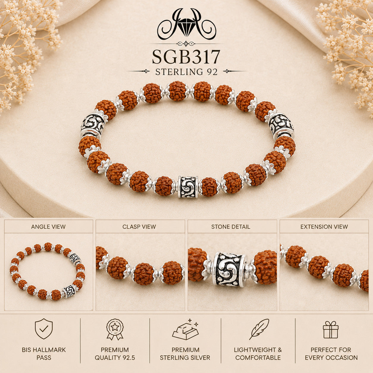 Rudraksha Om-Bead Oxidized Silver Men's Bracelet - detail collage