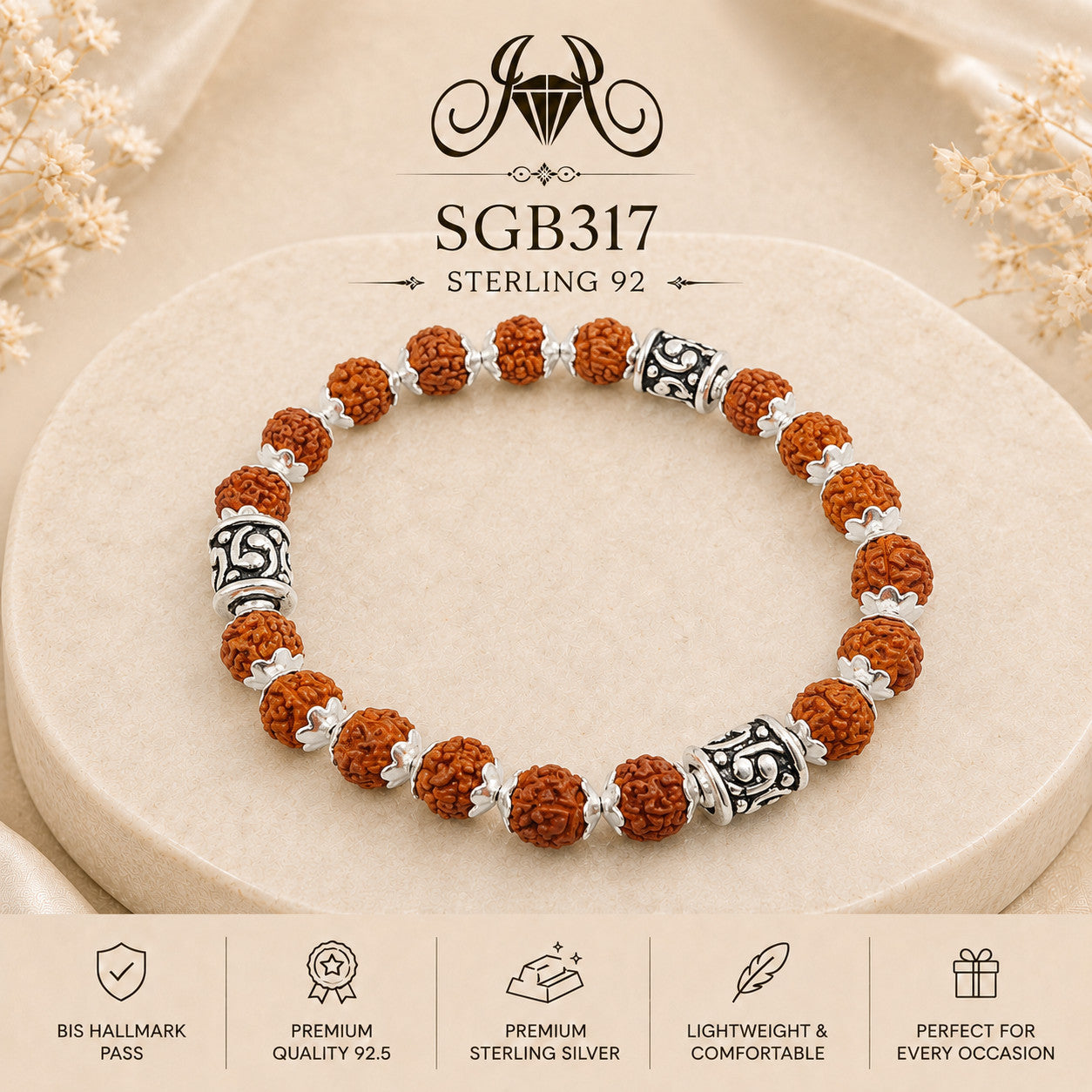 Rudraksha Om-Bead Oxidized Silver Men's Bracelet - portrait view