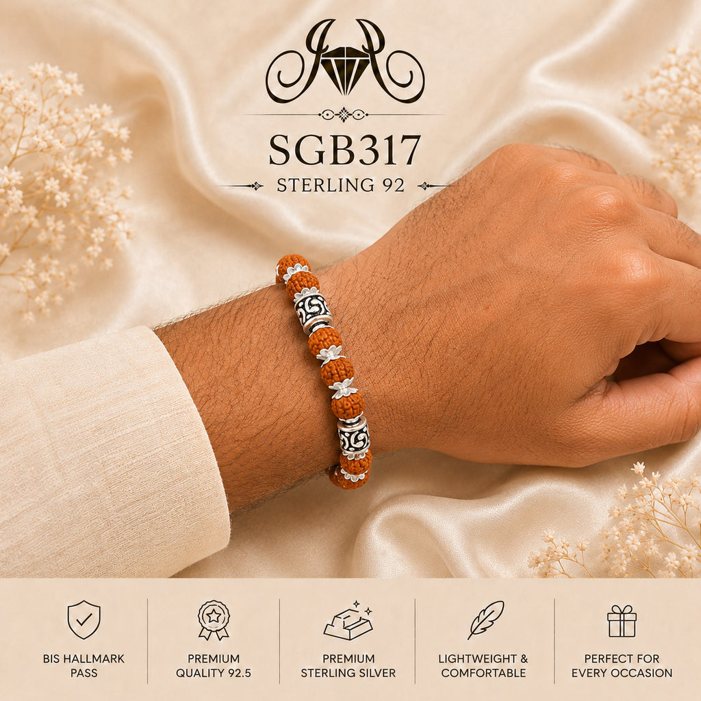 Rudraksha Om-Bead Oxidized Silver Men's Bracelet - wrist view