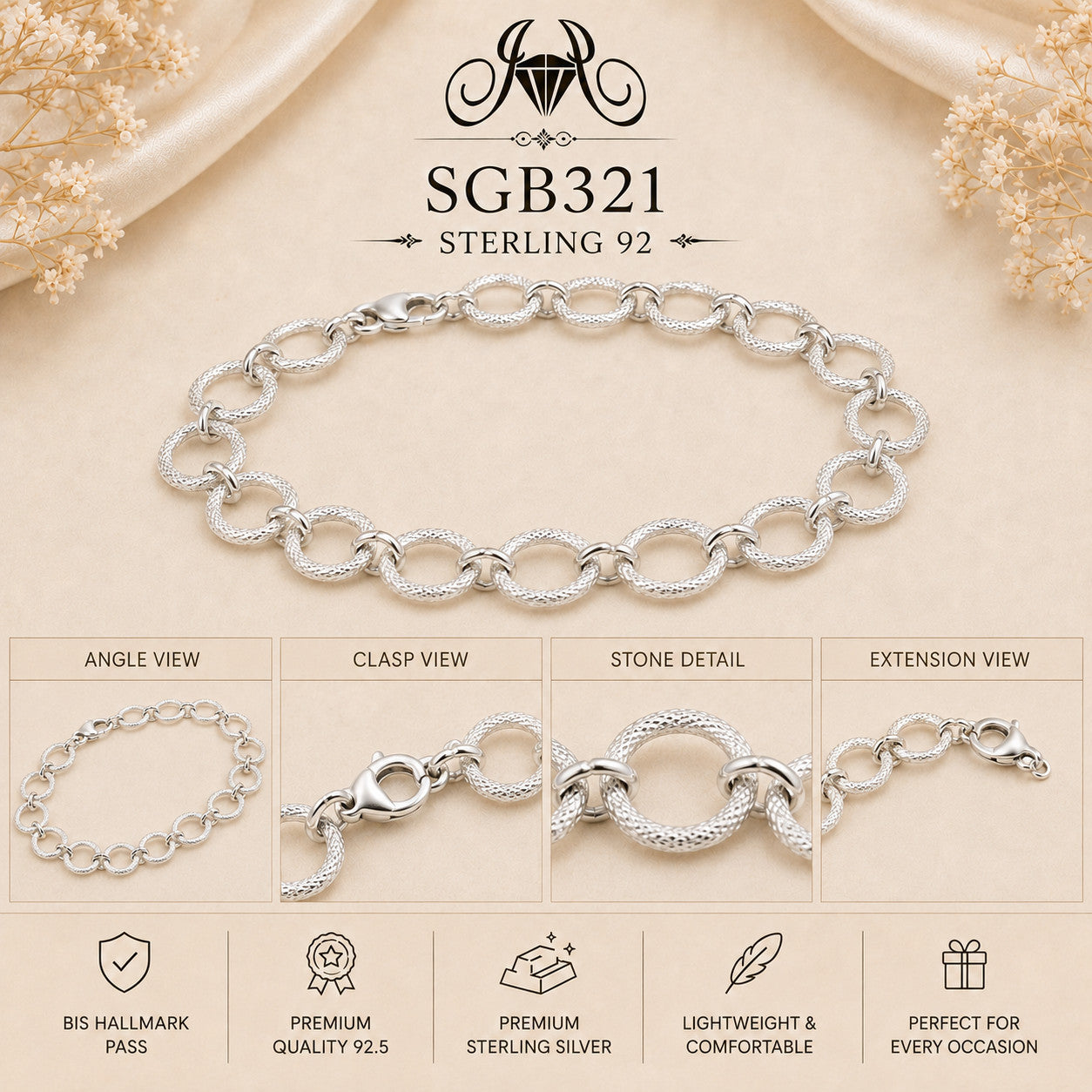 Diamond-Cut Round-Link Sterling Silver Men's Bracelet - detail collage