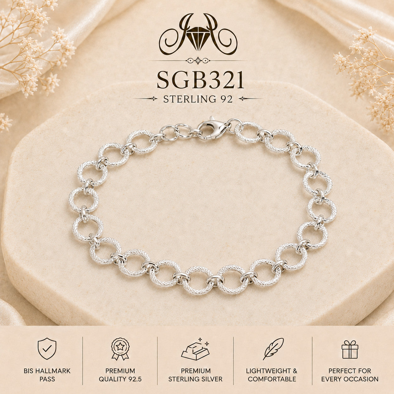Diamond-Cut Round-Link Sterling Silver Men's Bracelet - portrait view