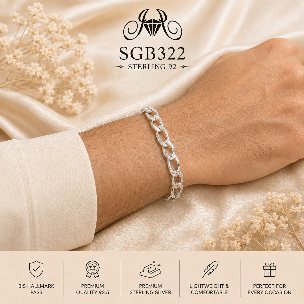 Twisted Marquise-Link Sterling Silver Men's Bracelet - wrist view