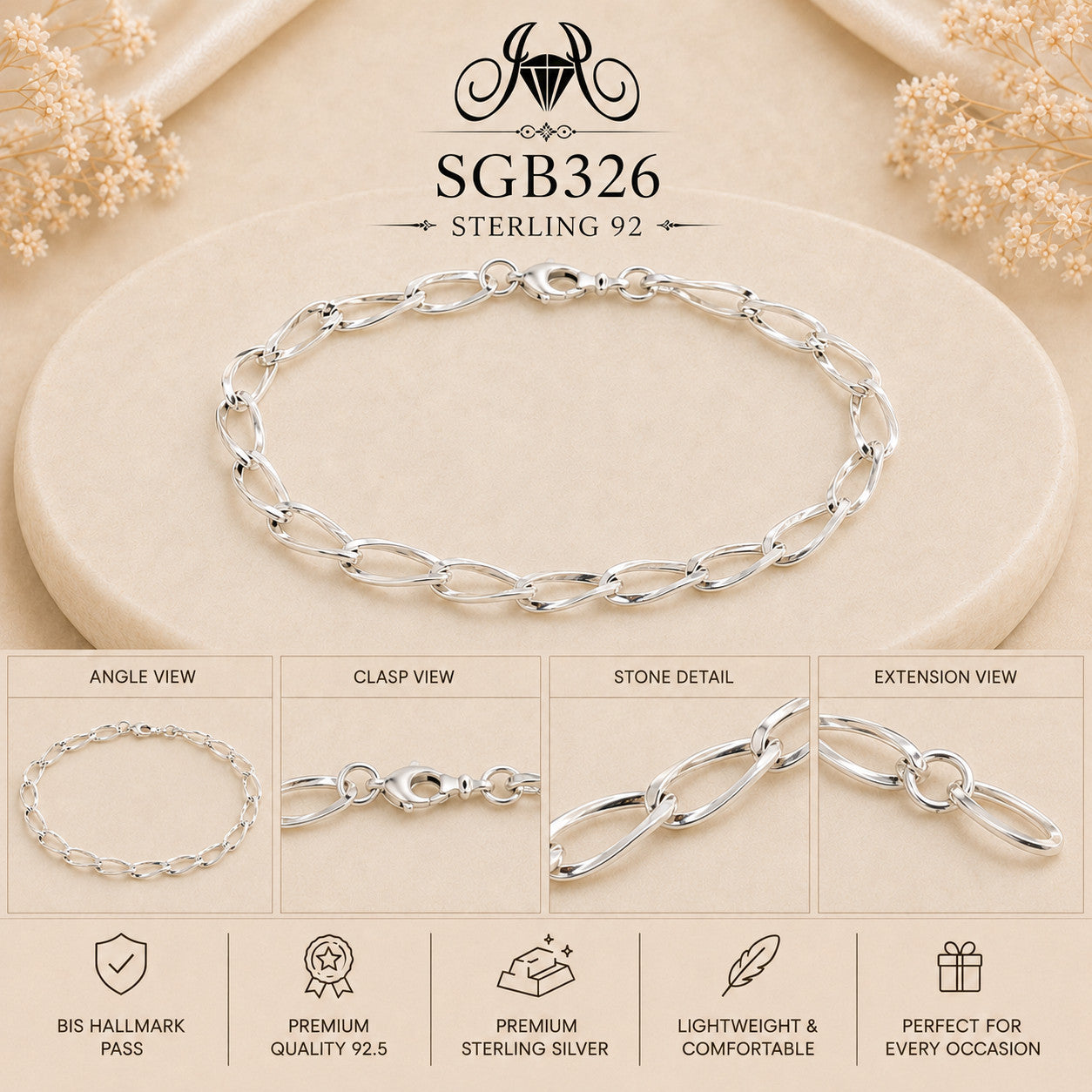 Slim Twisted Oval-Link Sterling Silver Men's Bracelet - detail collage