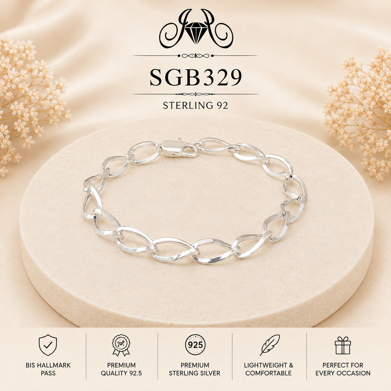 Polished Oval-Link Sterling Silver Men's Bracelet - portrait view
