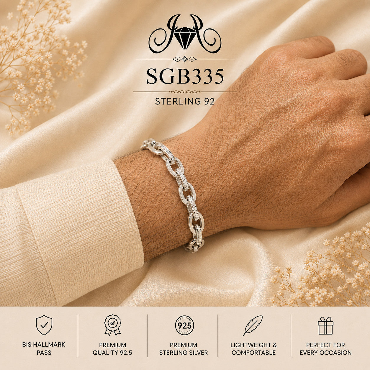 Textured Interlock-Link Sterling Silver Men's Bracelet - wrist view