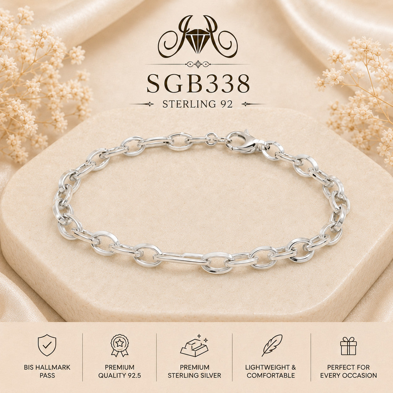 Rope-Edge Oval-Link Sterling Silver Men's Bracelet - portrait view