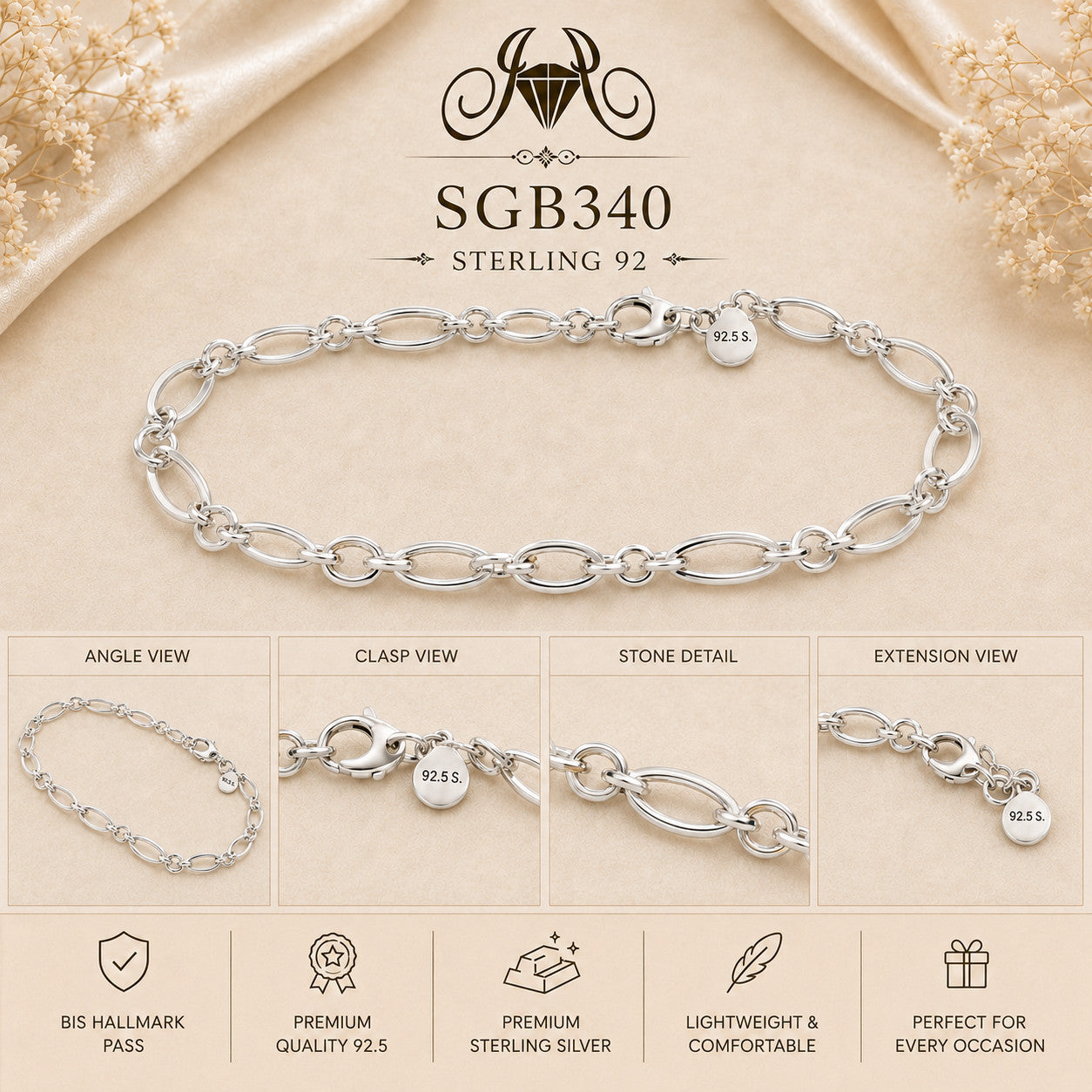 Diamond-Cut Oval-Link Sterling Silver Men's Bracelet - detail collage