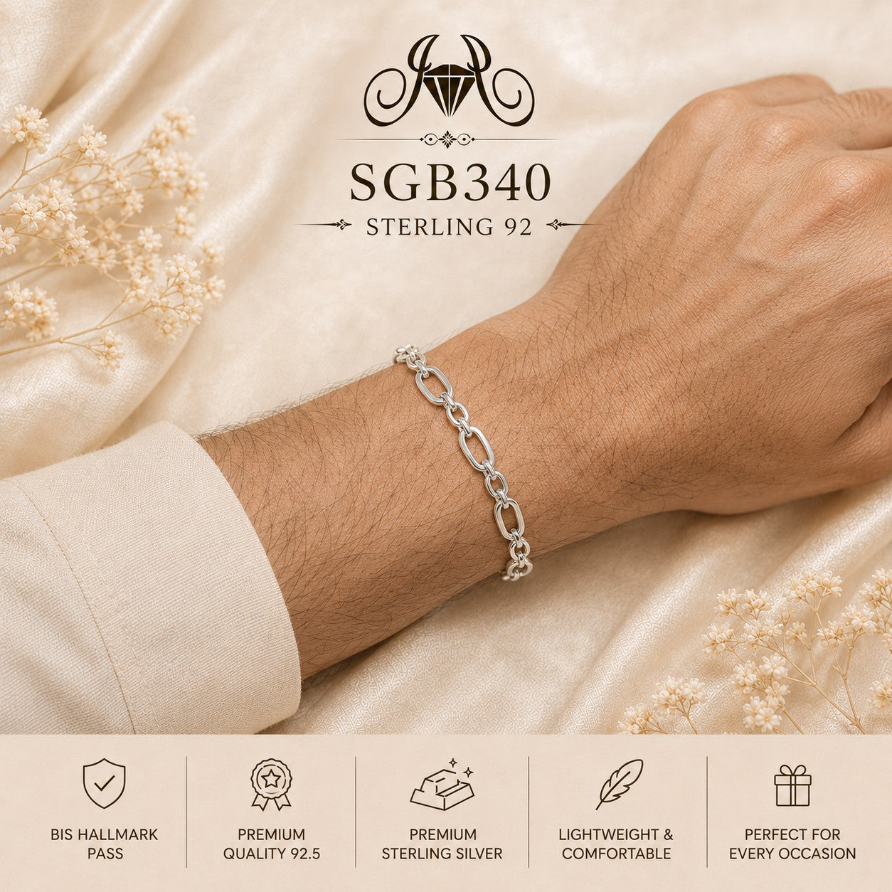 Diamond-Cut Oval-Link Sterling Silver Men's Bracelet - wrist view