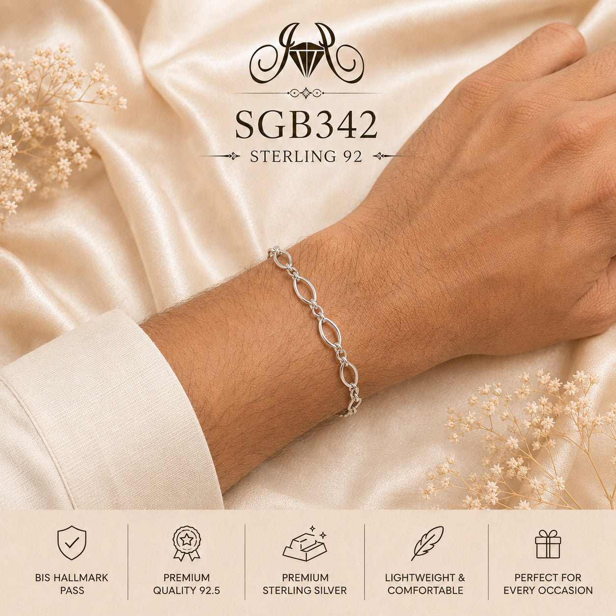 Long Oval-Link Sterling Silver Men's Bracelet - wrist view