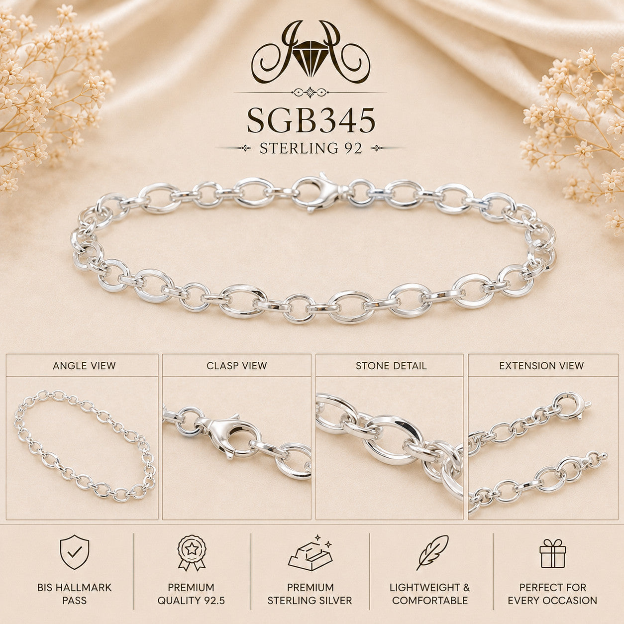 Classic Oval Curb-Link Sterling Silver Men's Bracelet - detail collage