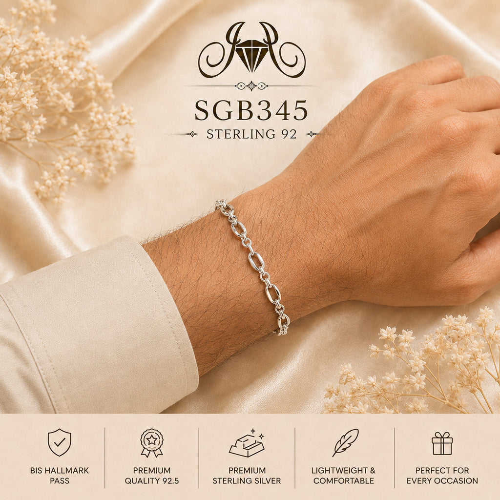 Classic Oval Curb-Link Sterling Silver Men's Bracelet - wrist view