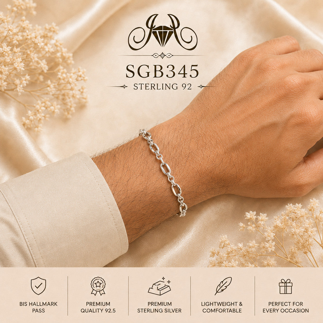 Classic Oval Curb-Link Sterling Silver Men's Bracelet - wrist view