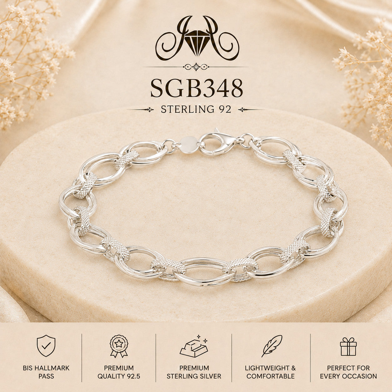 Textured Long Oval-Link Sterling Silver Men's Bracelet - portrait view