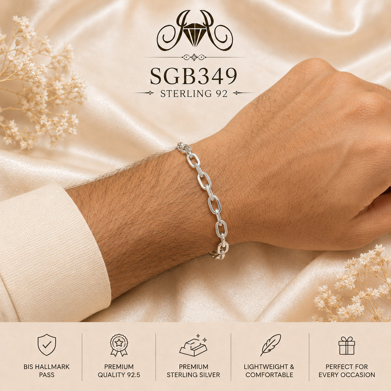 Twisted Oval-Chain Sterling Silver Men's Bracelet - wrist view