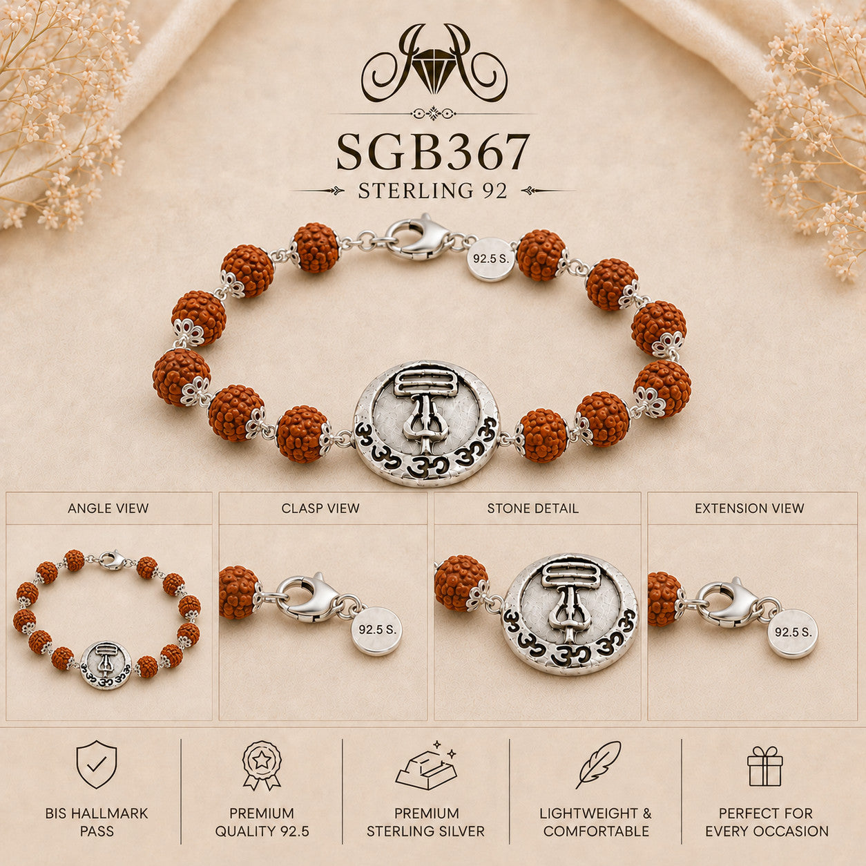 Rudraksha Shivling Oxidized Silver Men's Bracelet - detail collage