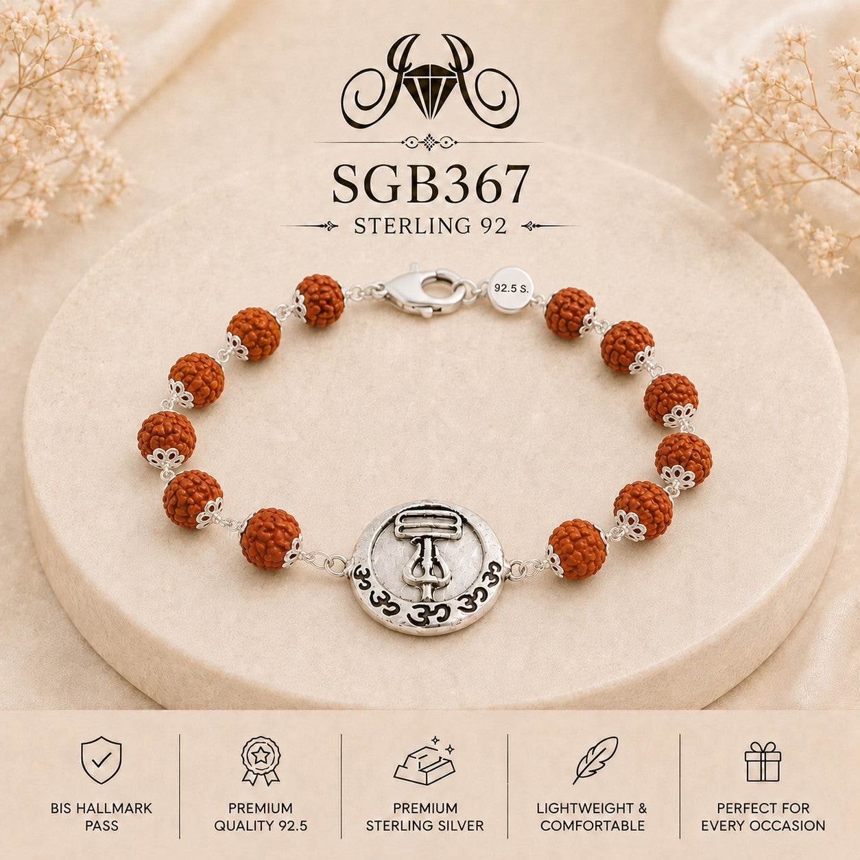 Rudraksha Shivling Oxidized Silver Men's Bracelet - portrait view