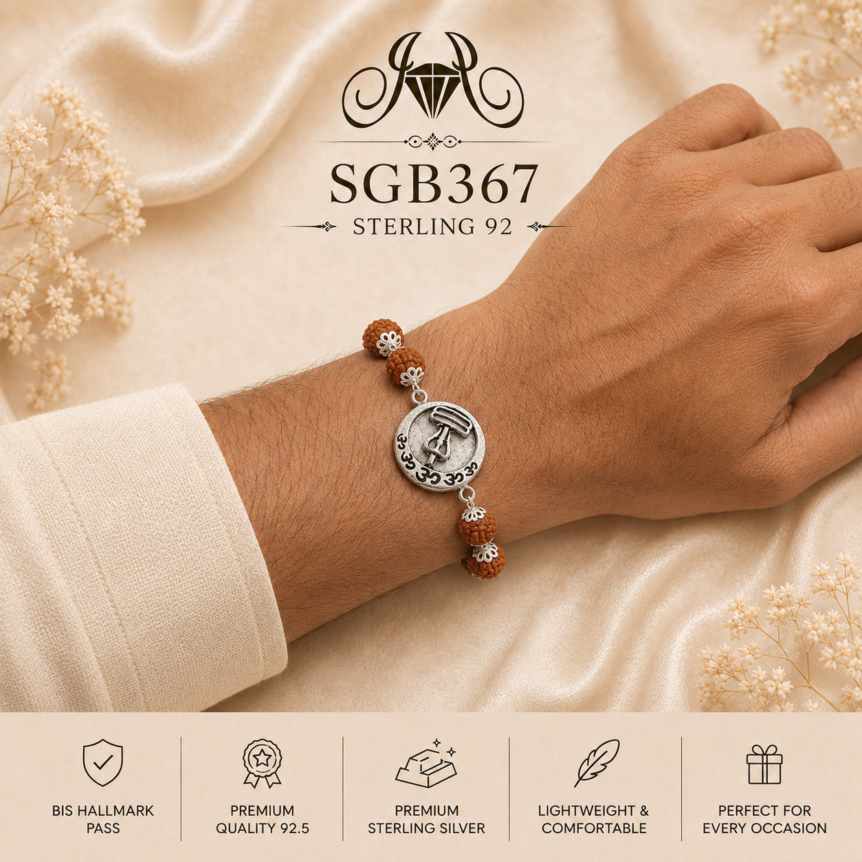 Rudraksha Shivling Oxidized Silver Men's Bracelet - wrist view