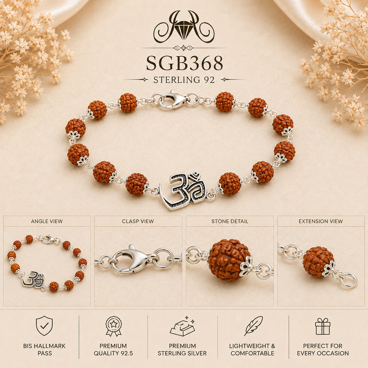 Rudraksha Om Oxidized Silver Men's Bracelet - detail collage
