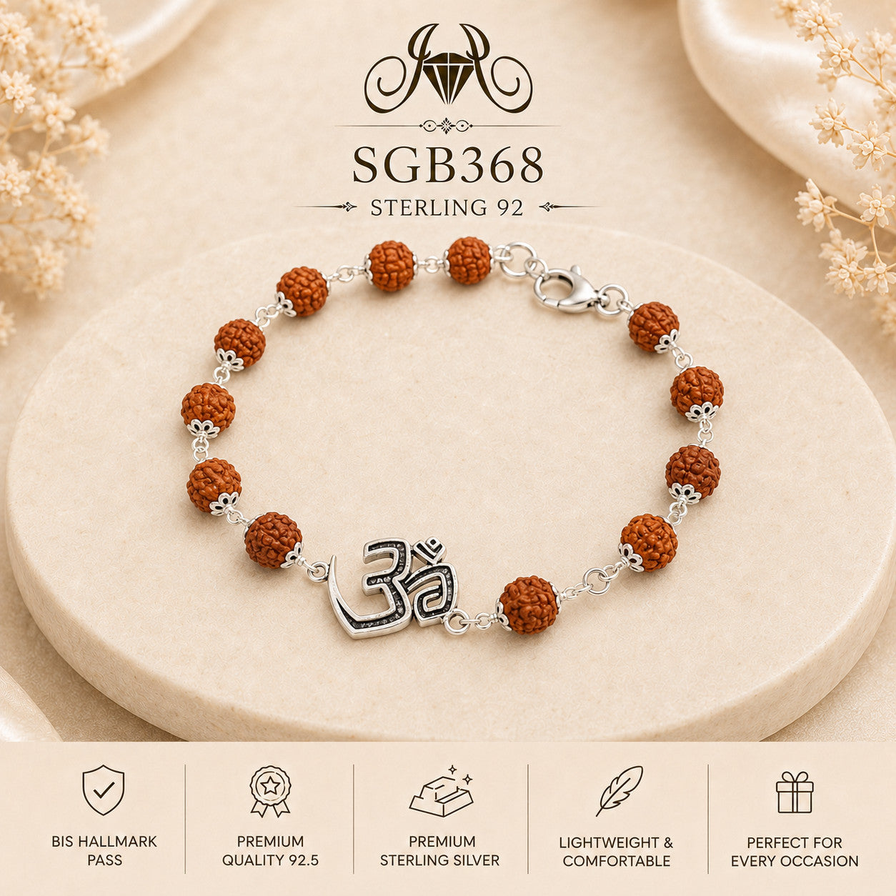 Rudraksha Om Oxidized Silver Men's Bracelet - portrait view