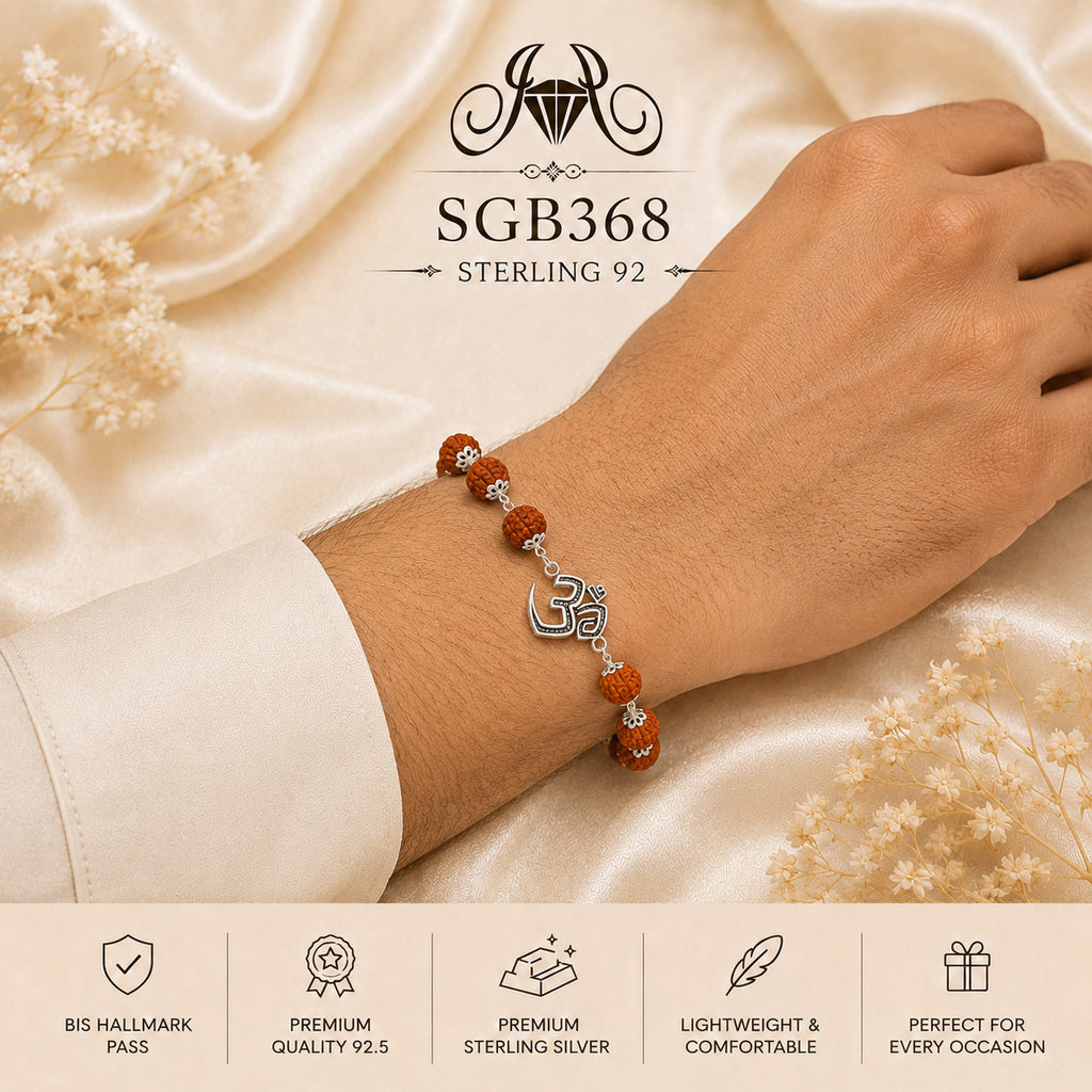 Rudraksha Om Oxidized Silver Men's Bracelet - wrist view