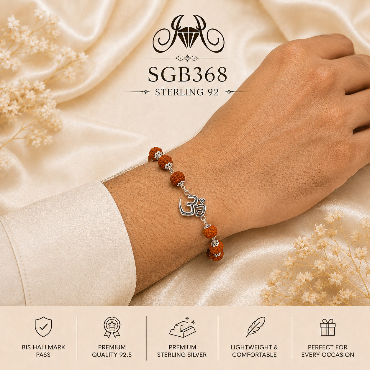 Rudraksha Om Oxidized Silver Men's Bracelet - wrist view
