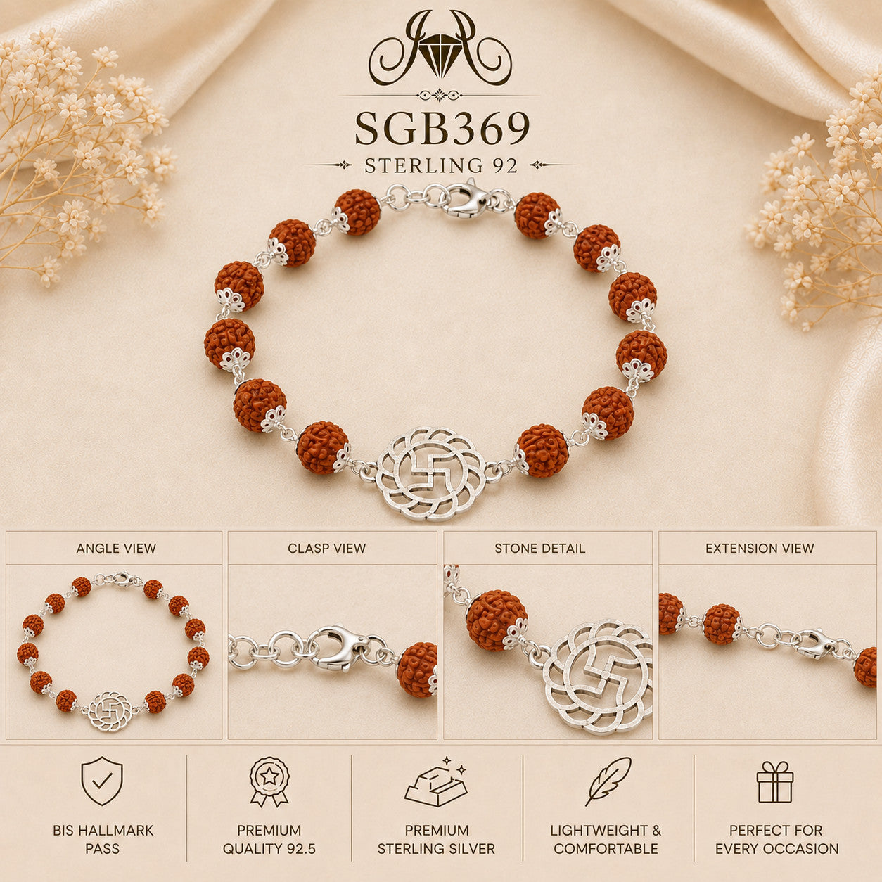 Rudraksha Swastik Oxidized Silver Men's Bracelet - detail collage