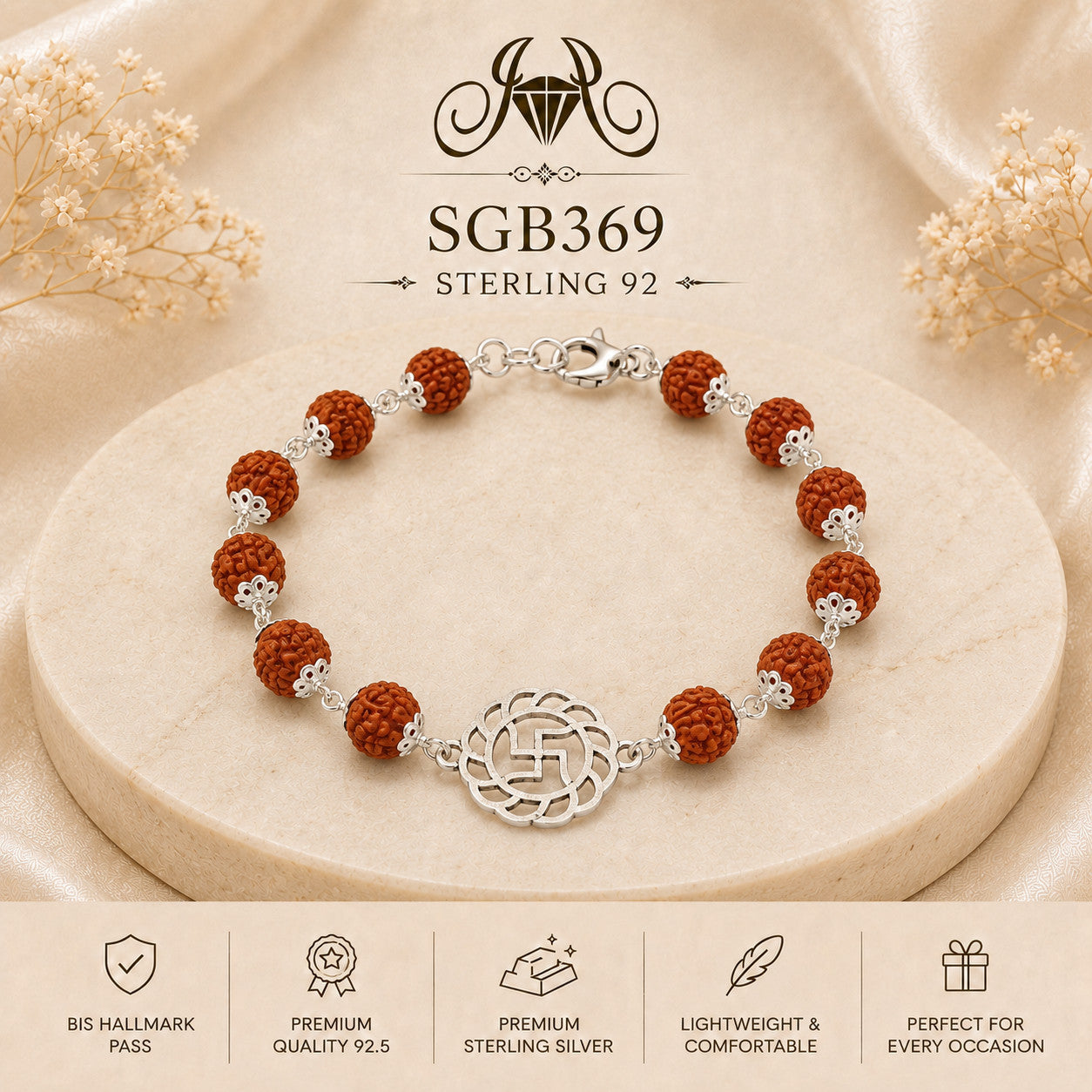 Rudraksha Swastik Oxidized Silver Men's Bracelet - portrait view