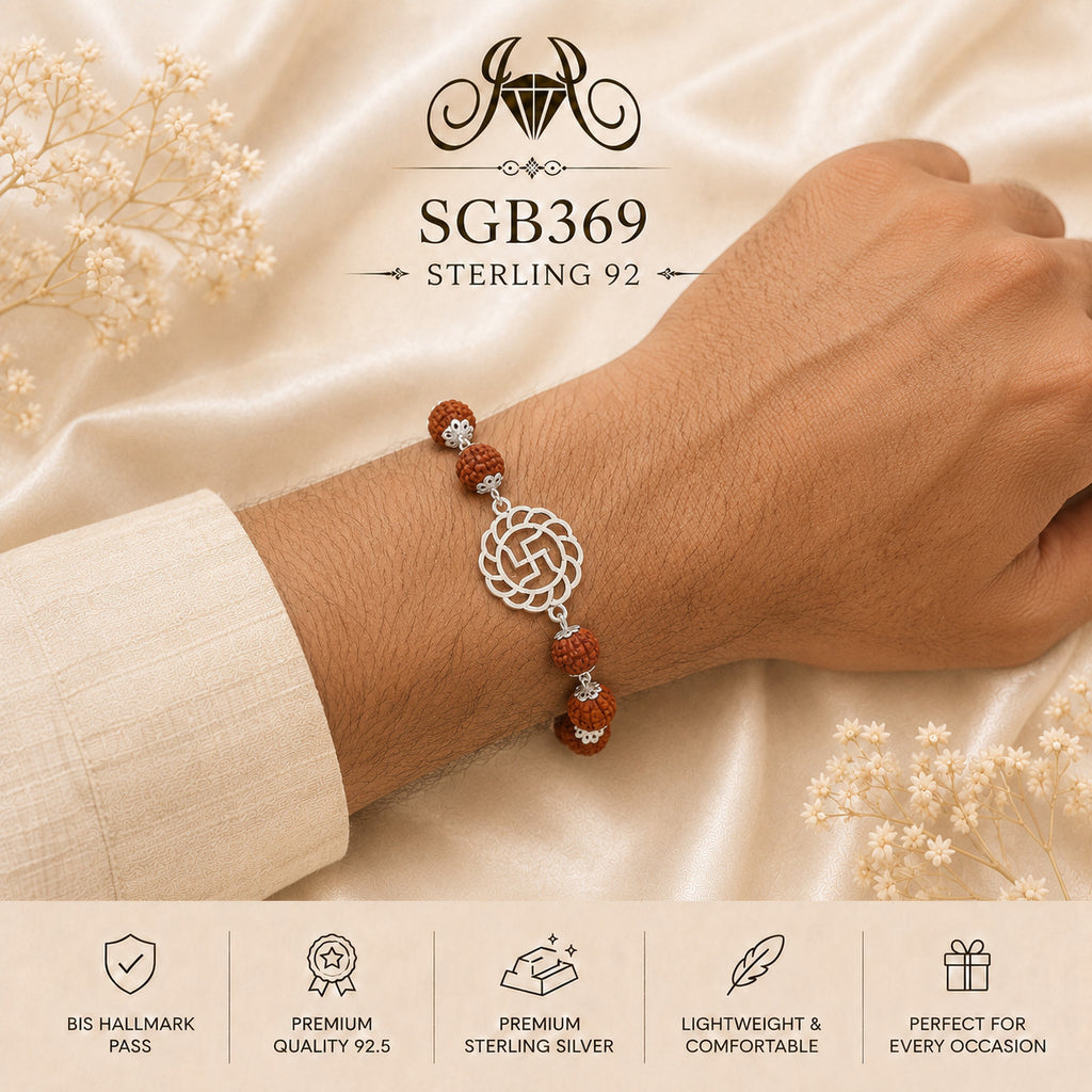 Rudraksha Swastik Oxidized Silver Men's Bracelet - wrist view