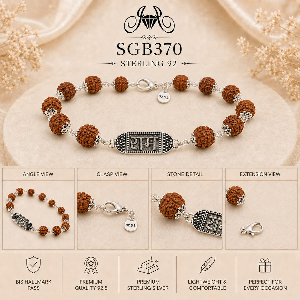 Rudraksha Ram Naam Oxidized Silver Men's Bracelet - detail collage