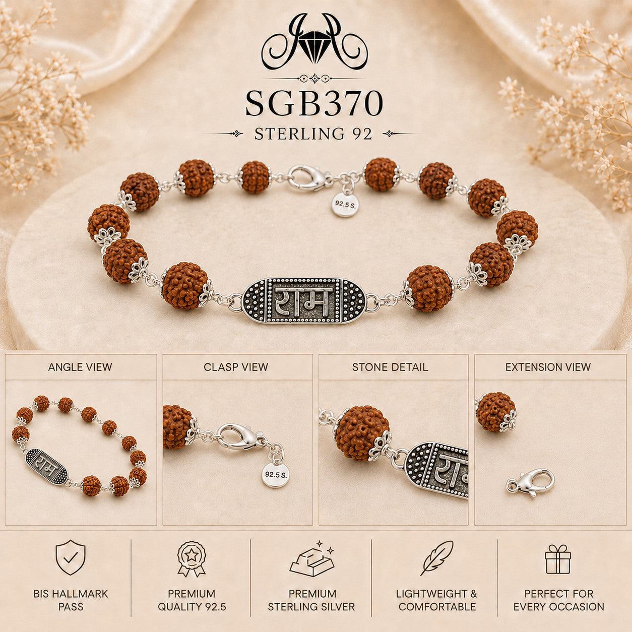 Rudraksha Ram Naam Oxidized Silver Men's Bracelet - detail collage