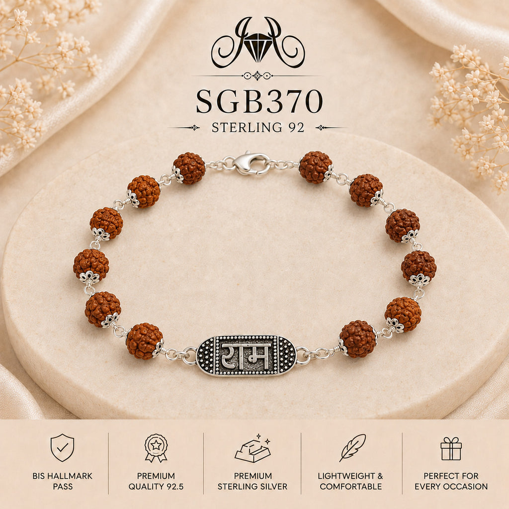 Rudraksha Ram Naam Oxidized Silver Men's Bracelet - portrait view