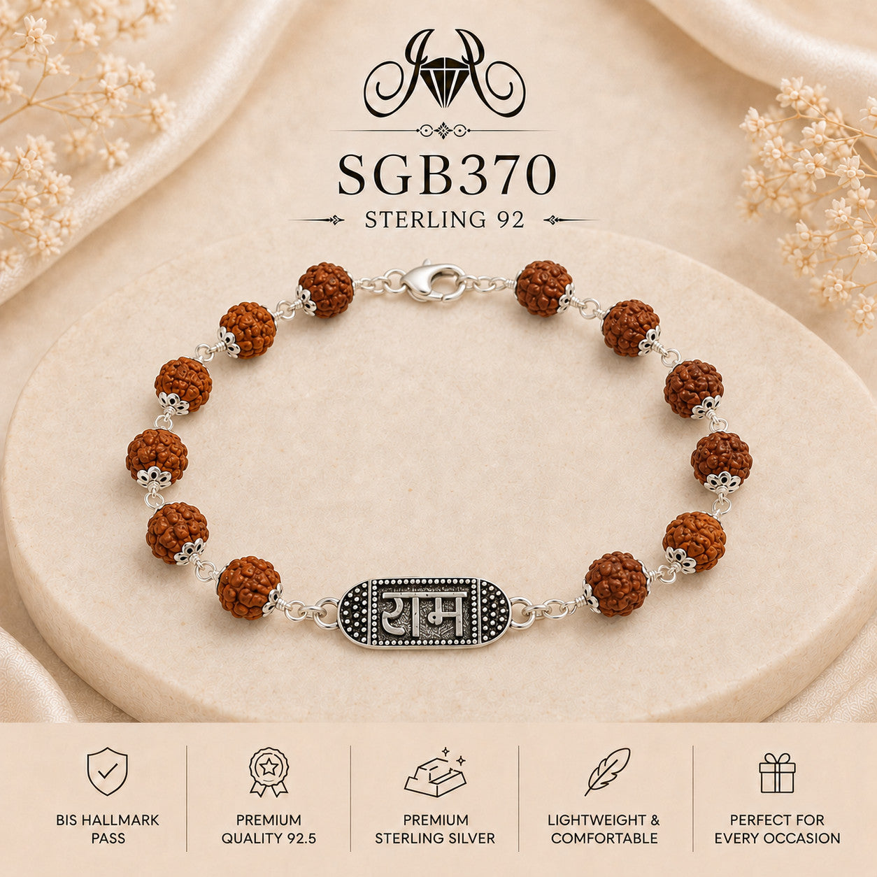 Rudraksha Ram Naam Oxidized Silver Men's Bracelet - portrait view