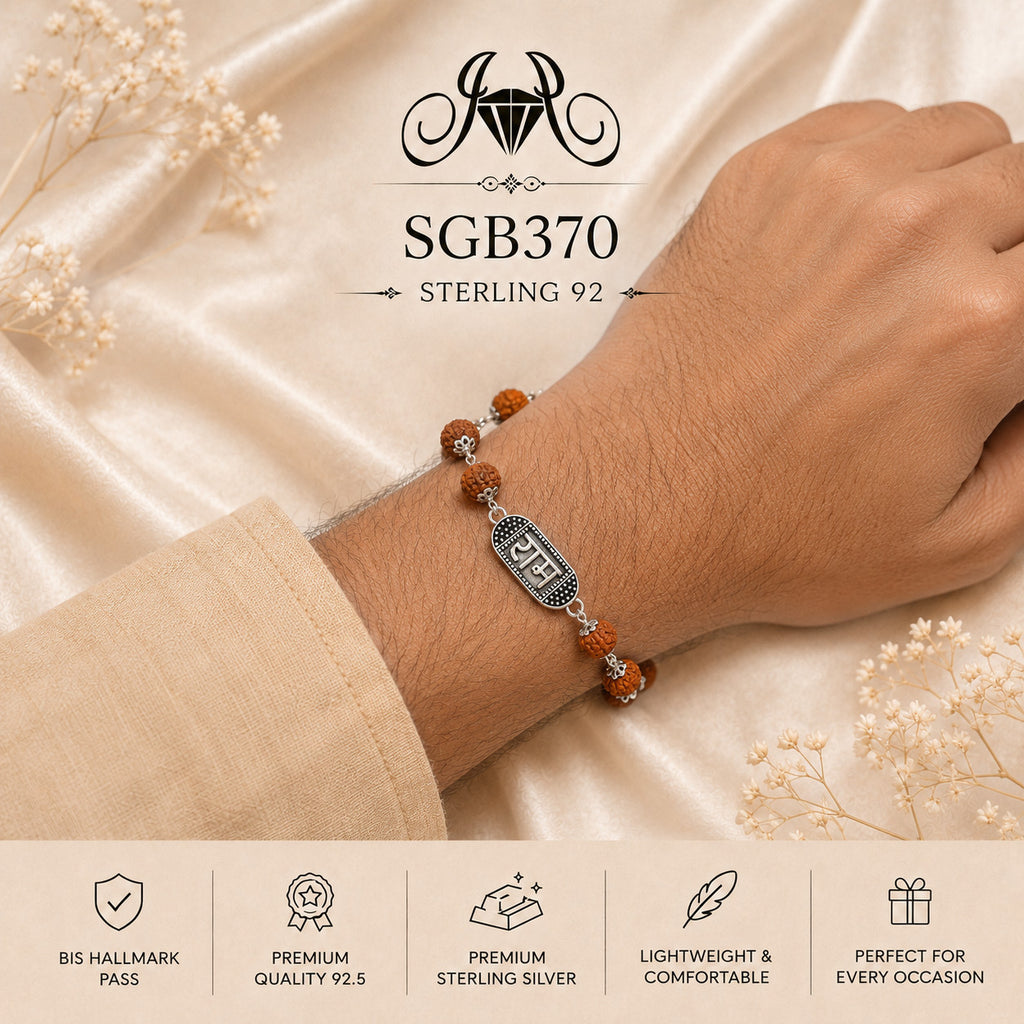 Rudraksha Ram Naam Oxidized Silver Men's Bracelet - wrist view