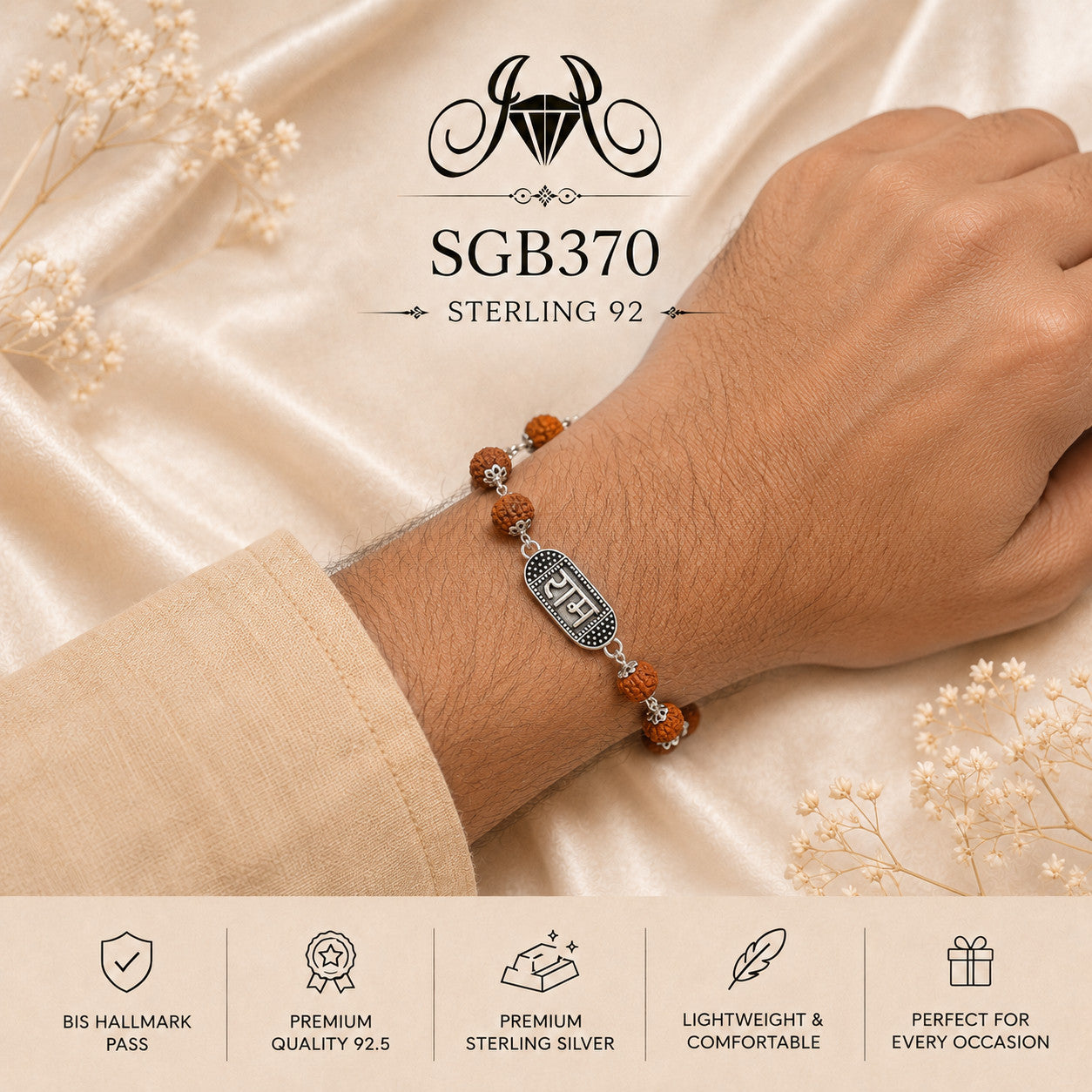 Rudraksha Ram Naam Oxidized Silver Men's Bracelet - wrist view